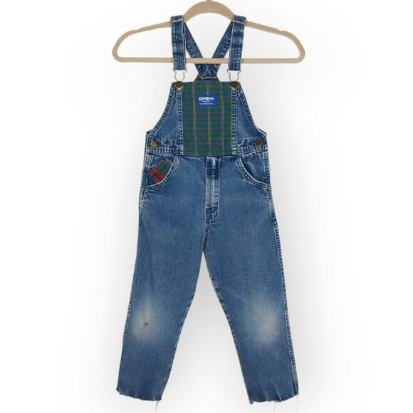Vtg Oshkosh B'gosh Denim Overalls Size 6 Plaid Patches Raw Hem Distressed USA